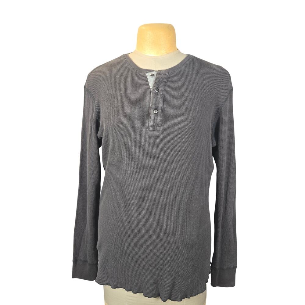 Wings + Horns Gray Waffle Knit Henley Shirt Mens L Made in Canada Raw Hem Casual
